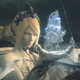 A pale-skinned woman holds her hand open in front of her and conjures a floating ice crystal.
